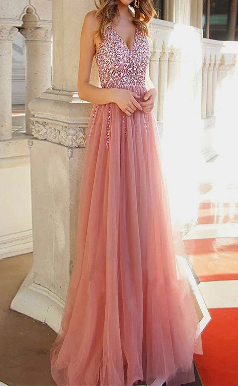 RP045-Gorgeous A-Line Deep V-Neck Beads Sequins Side Split Lace up Back Tulle Long Prom Evening Dresses Formal Party Gowns