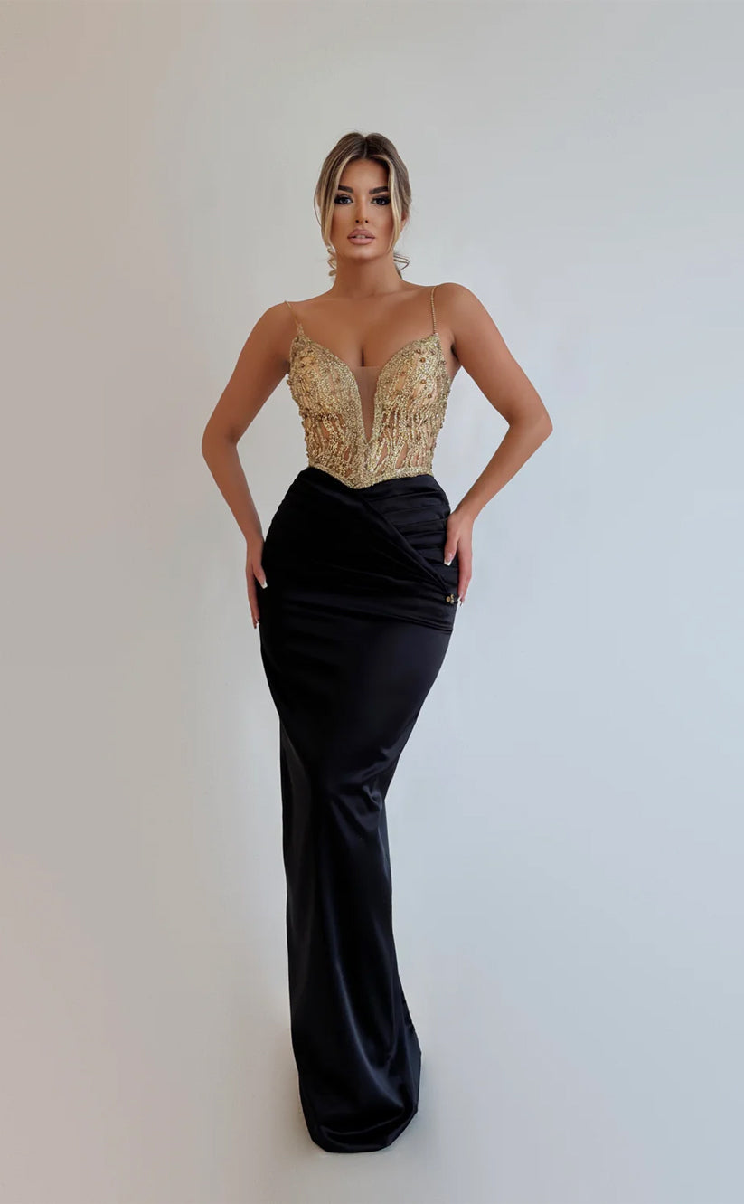 RP611-Luxury Mermaid Spaghetti Beads Sequins Ruched Sleeveless Long Prom Evening Dresses Formal Party Gowns
