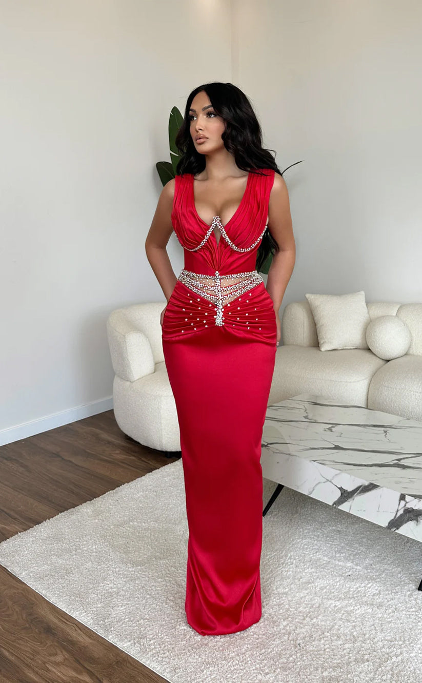 RP623-Gorgeous Mermaid V-Neck Beads Ruched Sleeveless Long Prom Evening Dresses Formal Party Gowns