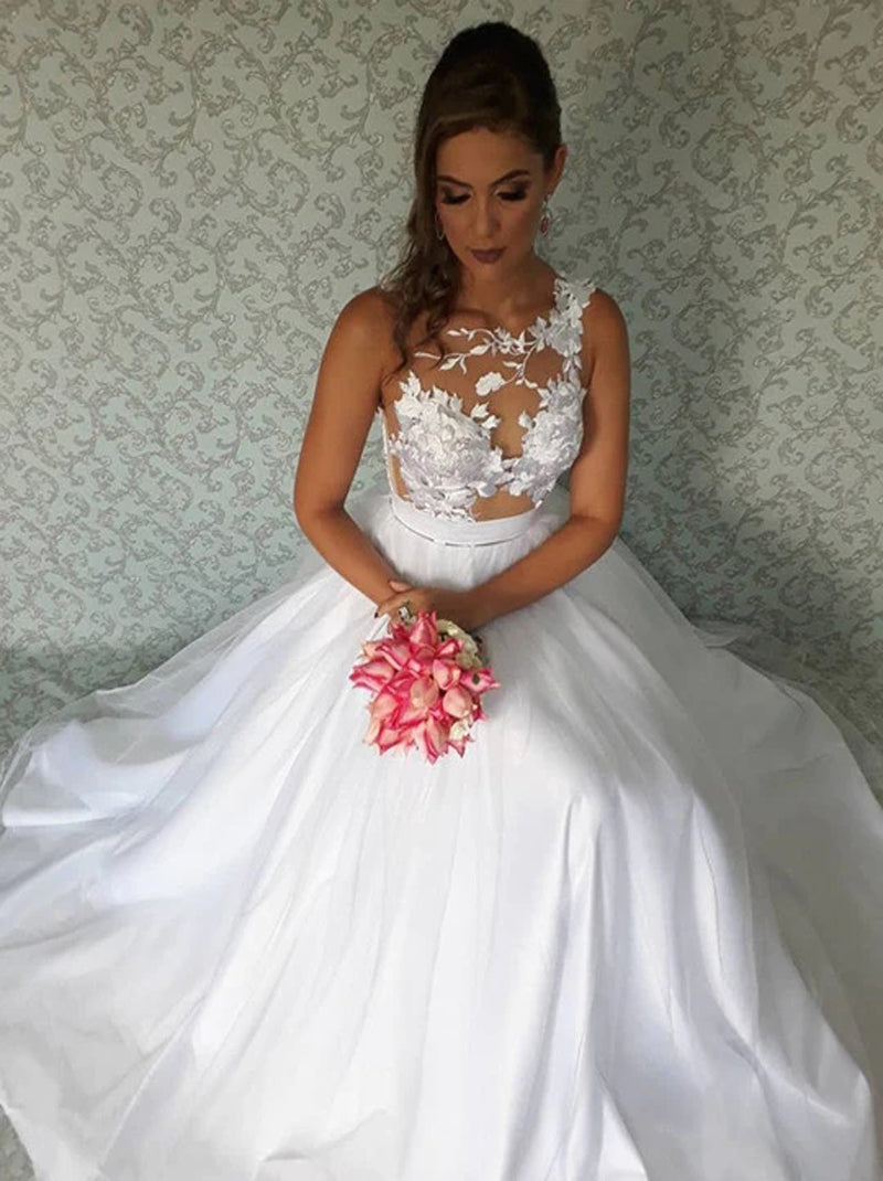 Modern A-Line Wedding Dresses Jewel Appliqued Sash Sleeveless Floor Length Tulle Bridal Gowns Custom Made