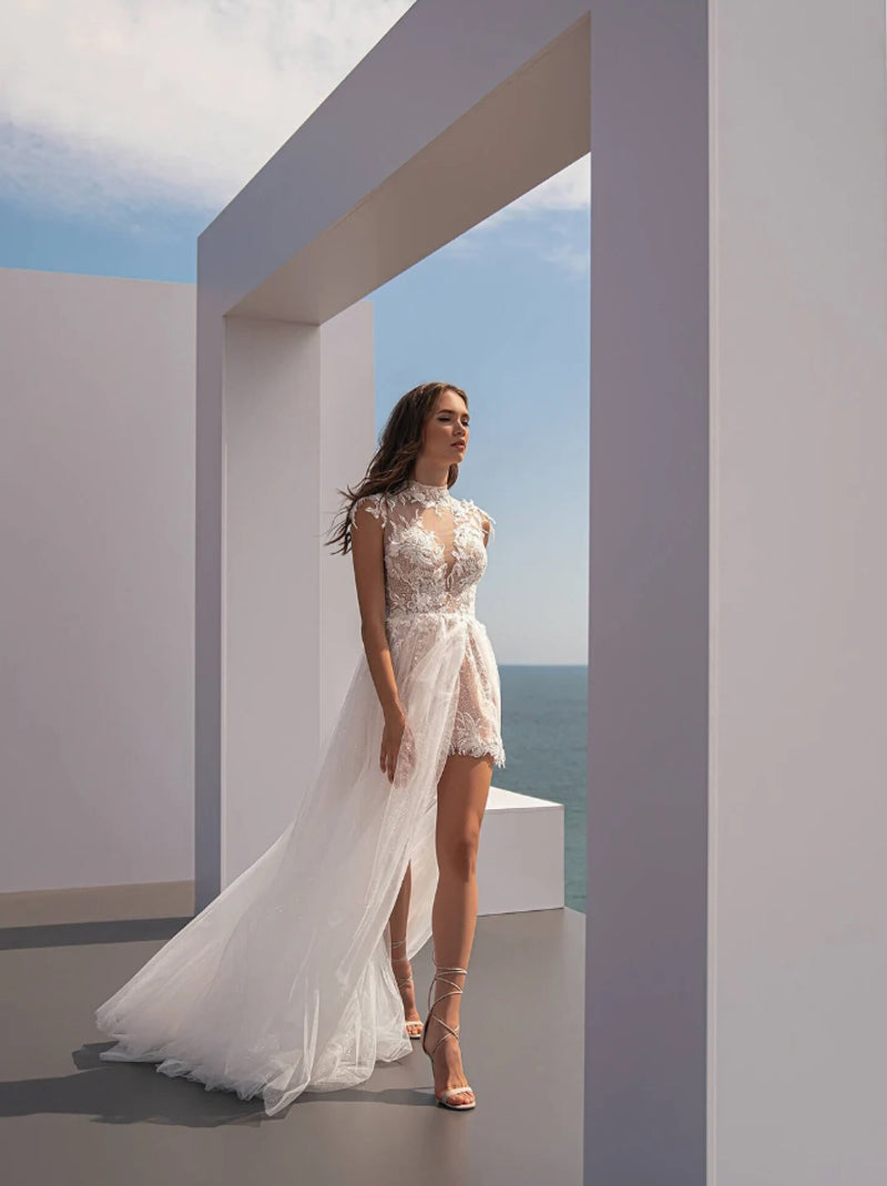 Fantastic Sheath/Column Wedding Dresses Jewel Beads Appliqued Cap Sleeves Tulle Detachable Train Bridal Gowns Custom Made