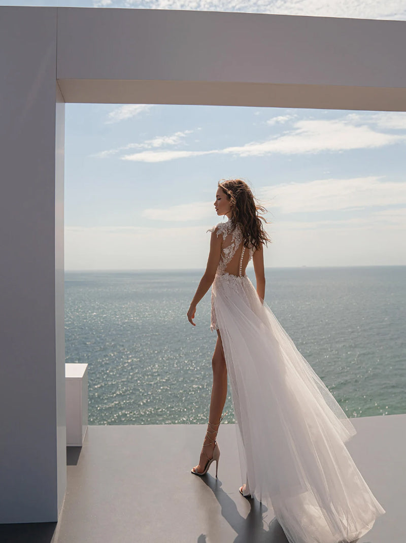 Fantastic Sheath/Column Wedding Dresses Jewel Beads Appliqued Cap Sleeves Tulle Detachable Train Bridal Gowns Custom Made