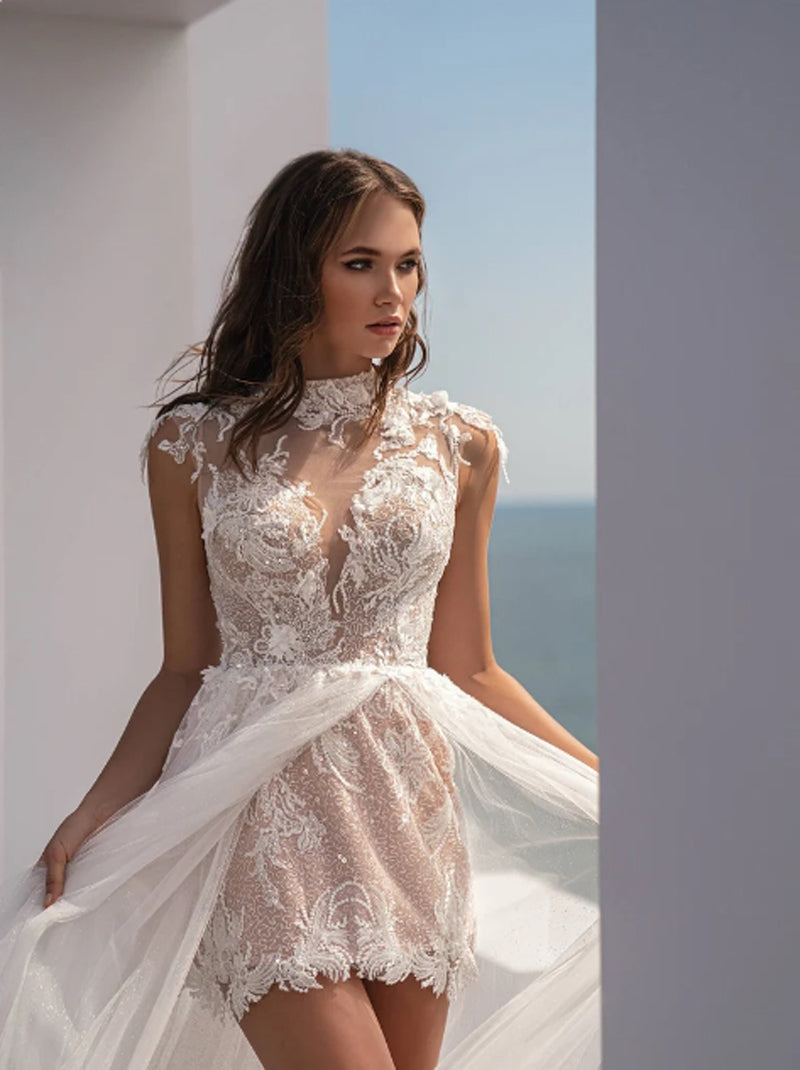 Fantastic Sheath/Column Wedding Dresses Jewel Beads Appliqued Cap Sleeves Tulle Detachable Train Bridal Gowns Custom Made