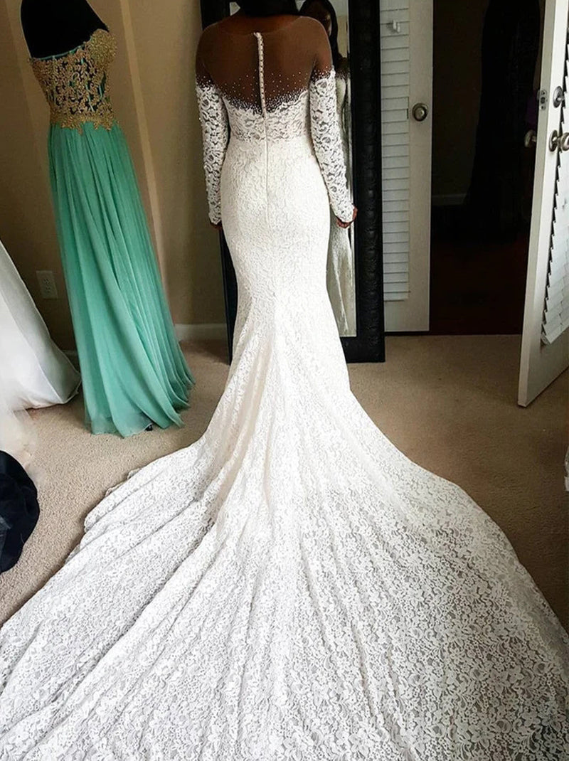 Elegant Mermaid Wedding Dresses Illusion Scoop Beads Lace Long Sleeves Covered Button Court Train Lace Bridal Gowns Custom Made