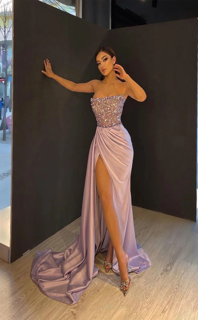 RP126-Charming Sheath Strapless Beads Sleeveless Sweep Train Long Formal Prom Evening Dresses Party Gowns With Side Slit
