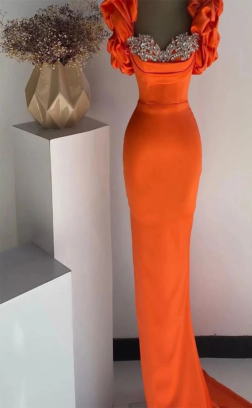 RP016-Orange Mermaid Sweetheart Puffy Sleeves Beads Crystals Satin Floor Length Prom Evening Dresses Formal Party Gowns