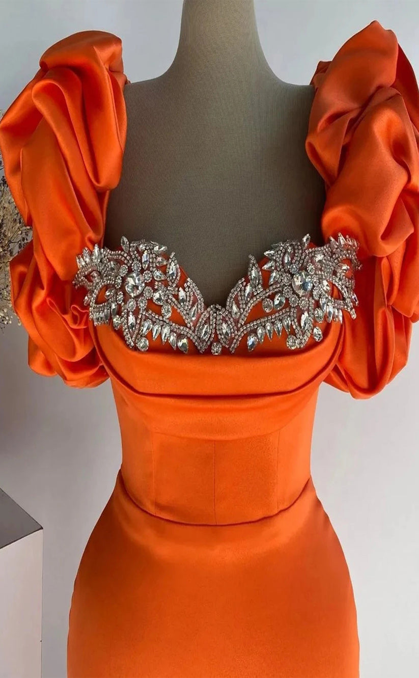 RP016-Orange Mermaid Sweetheart Puffy Sleeves Beads Crystals Satin Floor Length Prom Evening Dresses Formal Party Gowns