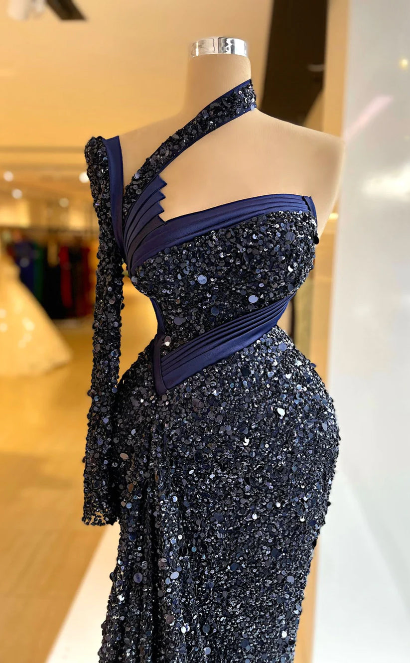 RP626-Sparkling Navy Blue Mermaid One Shoulder Beads Sequins One Sleeve Long Prom Evening Dresses Formal Party Gowns