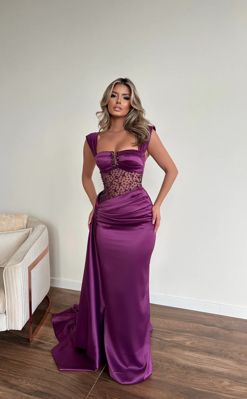 RP627-Elegant Green Mermaid Sweetheart Beads Sequins Ruched Cap Sleeves Long Prom Evening Dresses Formal Party Gowns