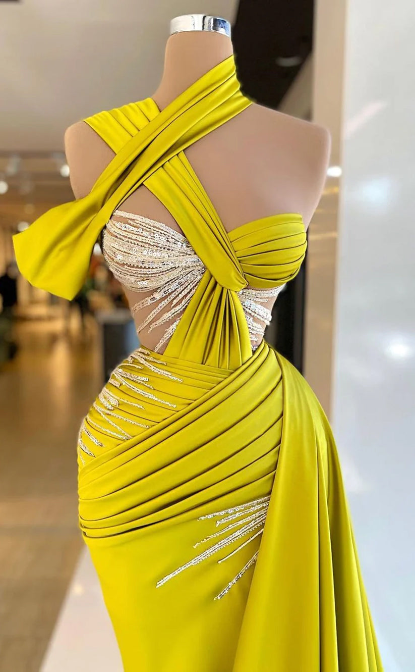 RP635-Charming Yellow Mermaid One Shoulder Sequins Ruched Sleeveless Long Prom Evening Dresses Formal Party Gowns With Slit