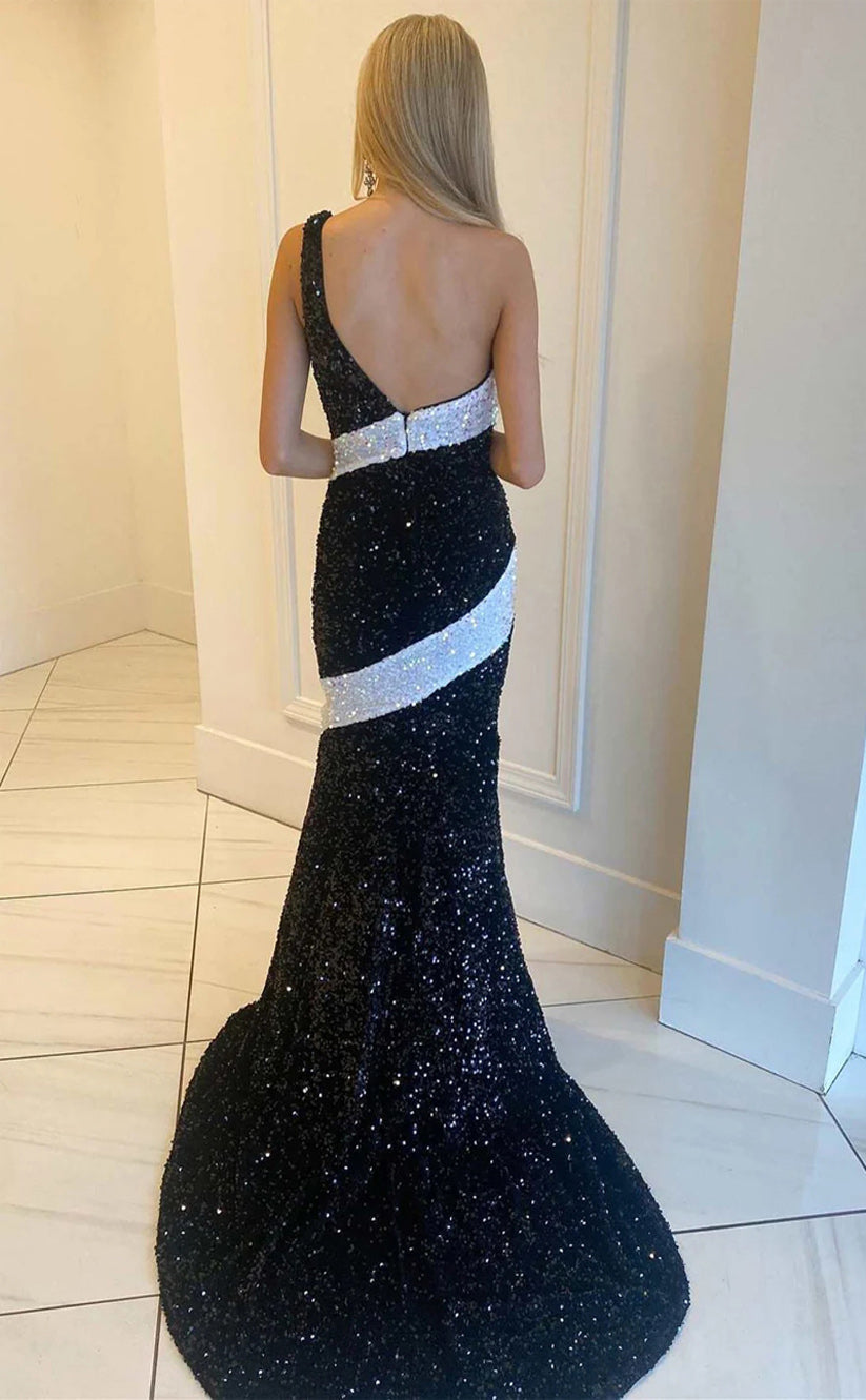 RP034-Elegant Black and White Mermaid One Shoulder Sequins Backless Sweep Train Long Formal Prom Evening Dresses Party Gowms