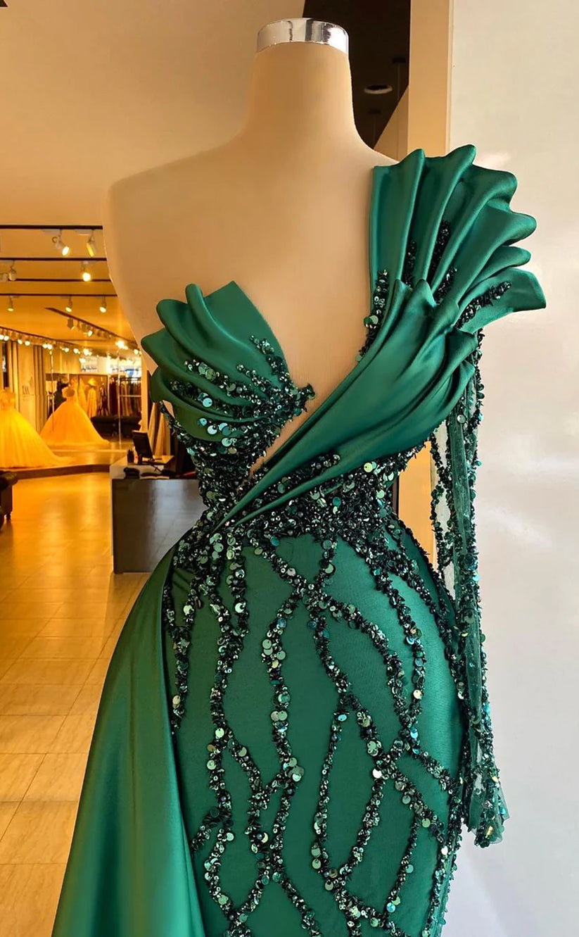 RP639-Sparkling Green Mermaid One Shoulder Beads Sequins Ruched Cap Sleeves Long Prom Evening Dresses Formal Party Gowns