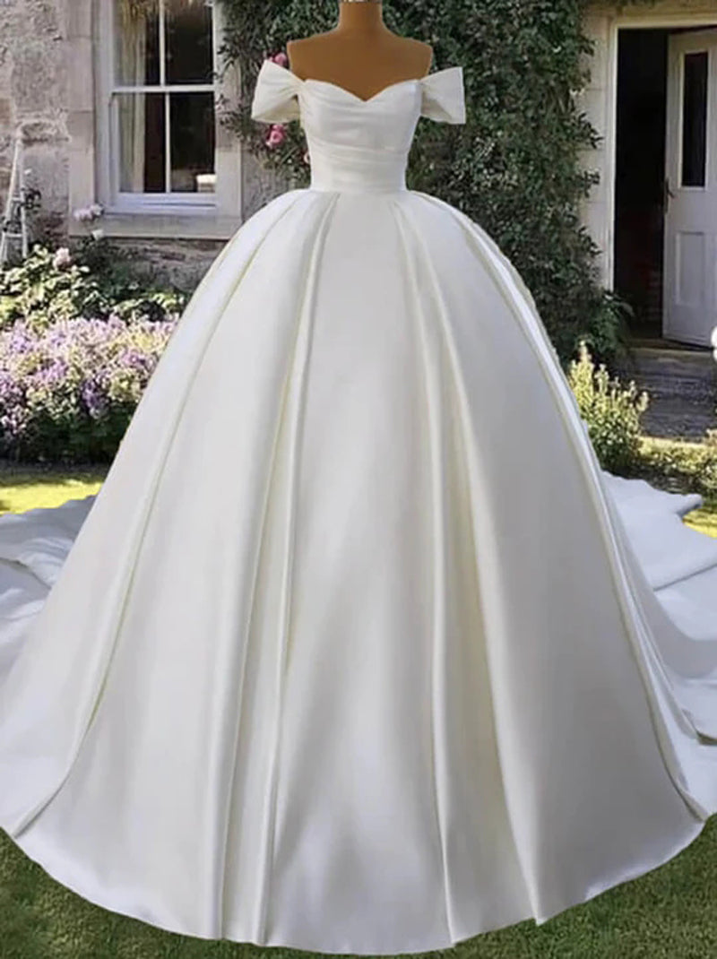 Romantic Ball Gown Wedding Dresses Sweetheart Cap Sleeves Pleated Lace Up Court Train Sartin Bridal Gowns Custom Made