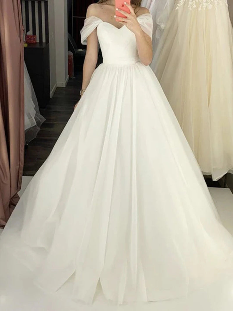 Simple Ball Gown Wedding Dresses Sweetheart Cap Sleeves Lace Up Sweep Train Tulle Bridal Gowns Custom Made