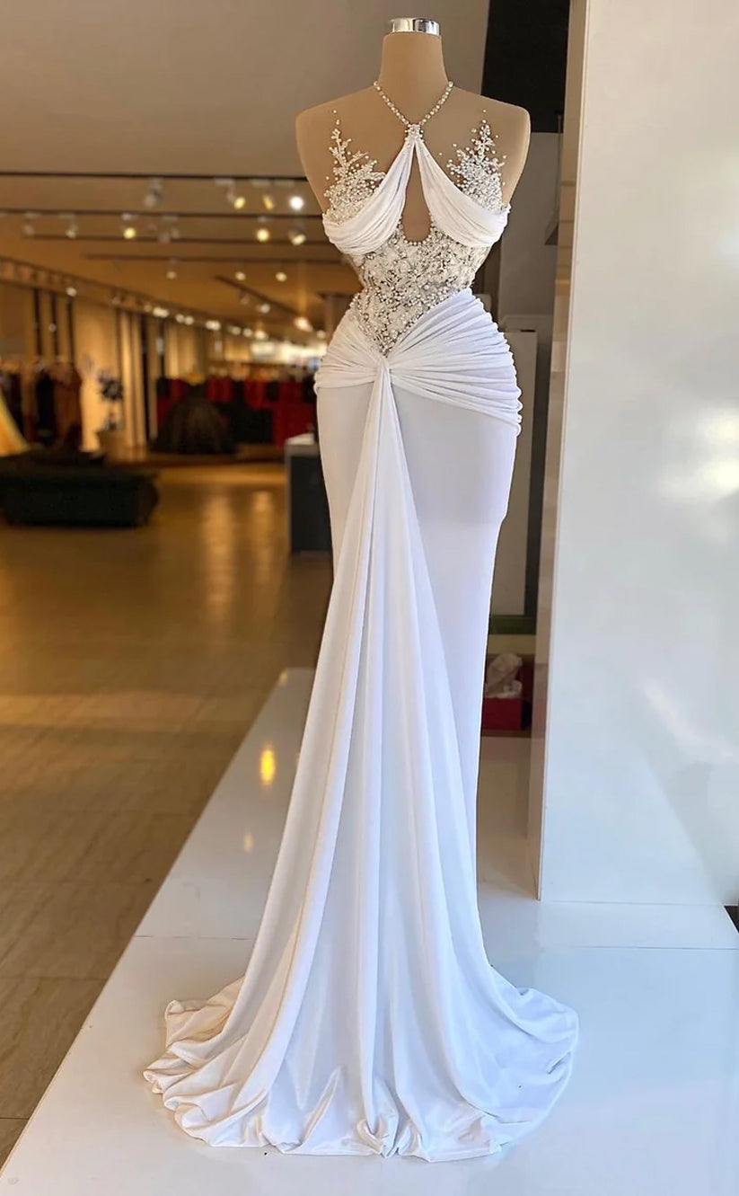 RP641-Gorgeous White Mermaid Halter Beads Pearls Ruched Chiffon Long Prom Evening Dresses Formal Party Gowns