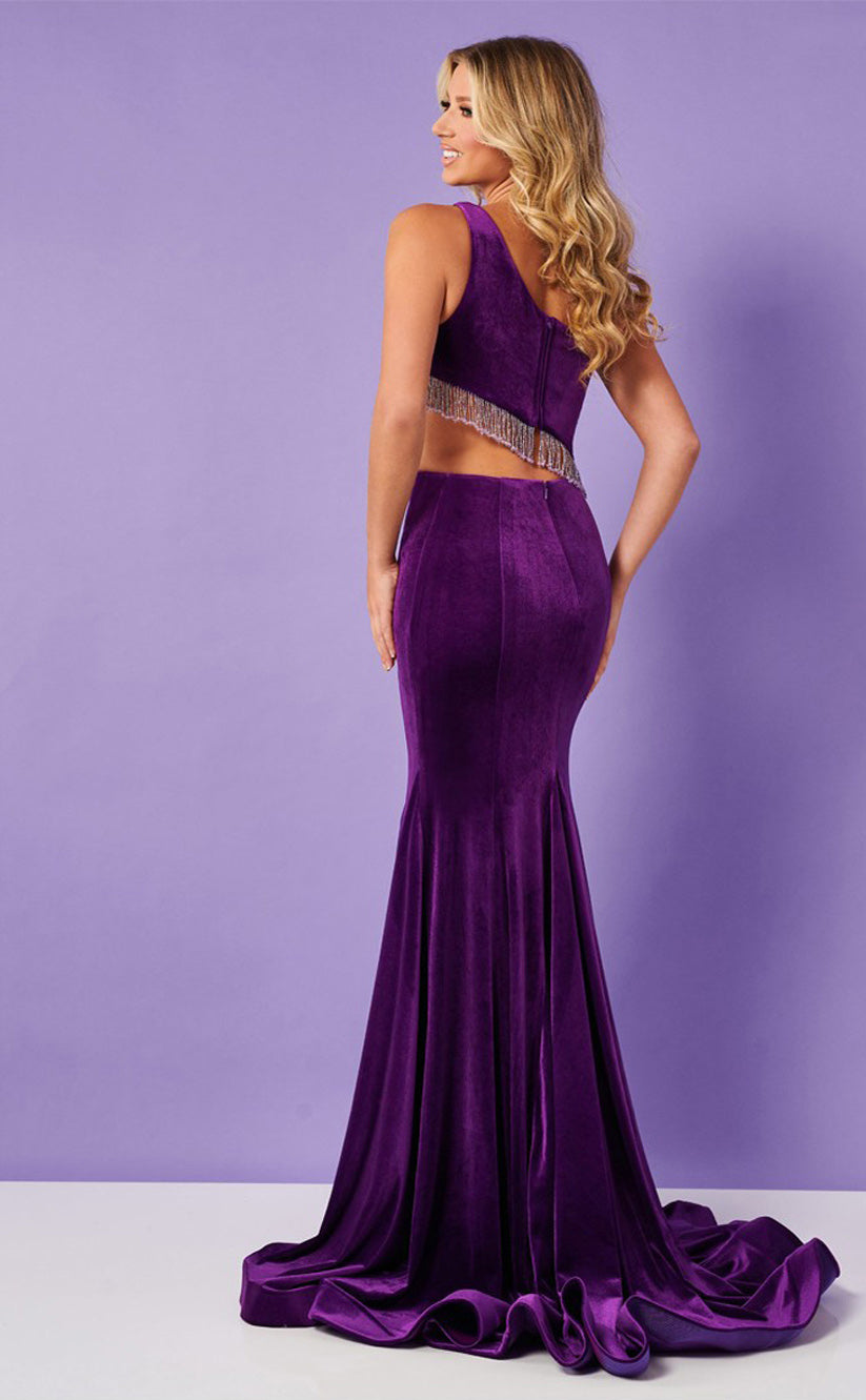 RP013-Elegant Mermaid One Shoulder Tassels Cutout Zipper Velvet Long Prom Evening Dresses Formal Party Gowns