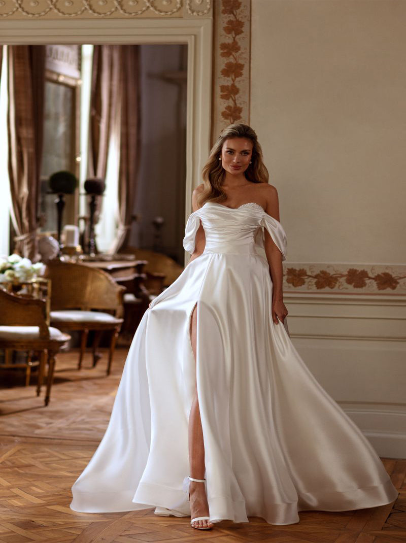 Modern & Elegant A-Line Wedding Dresses Sweetheart Beads Pleated Cap Sleeves Satin Sweep Train Bridal Gowns With Slit