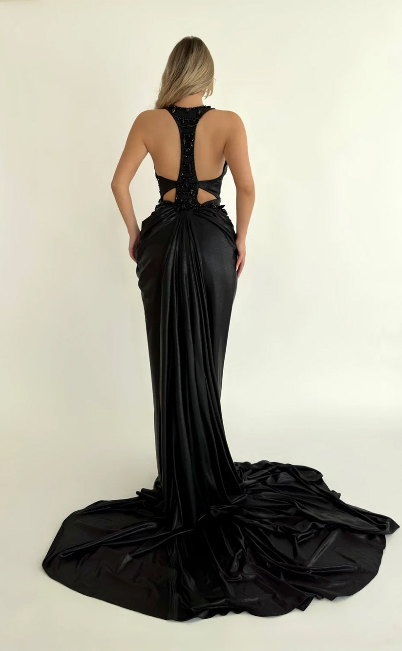 RP649-Simple Black Mermaid Halter Ruched Crystals Sleeveless Long Prom Evening Dresses Formal Party Gowns