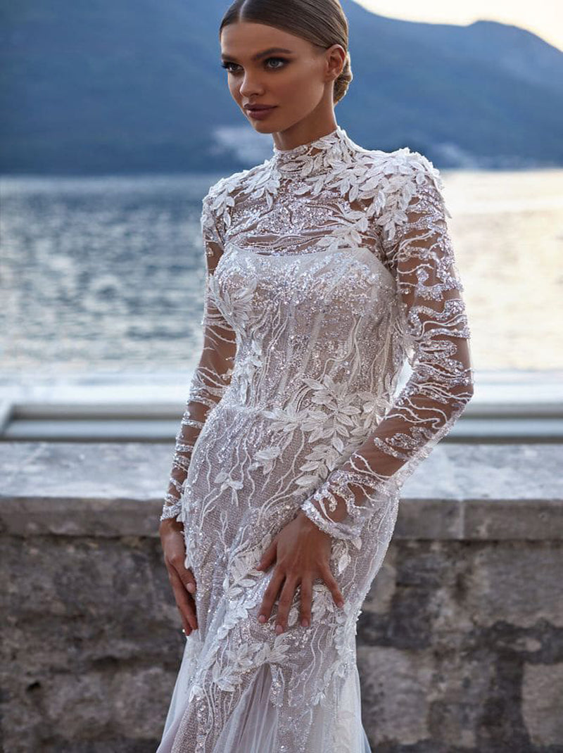 Classic & Modern Mermaid Boho Wedding Dresses High Collar Beads Appliqueds Long Sleeves Sweep Train Tulle Bridal Gowns Custom