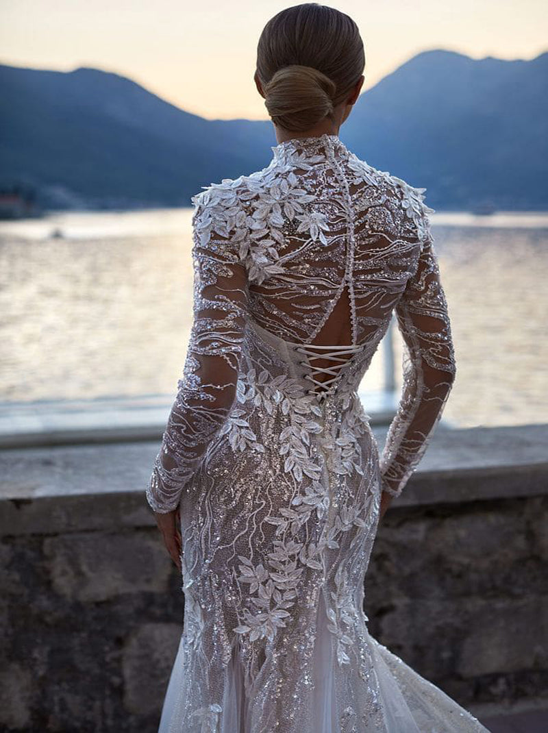 Classic & Modern Mermaid Boho Wedding Dresses High Collar Beads Appliqueds Long Sleeves Sweep Train Tulle Bridal Gowns Custom