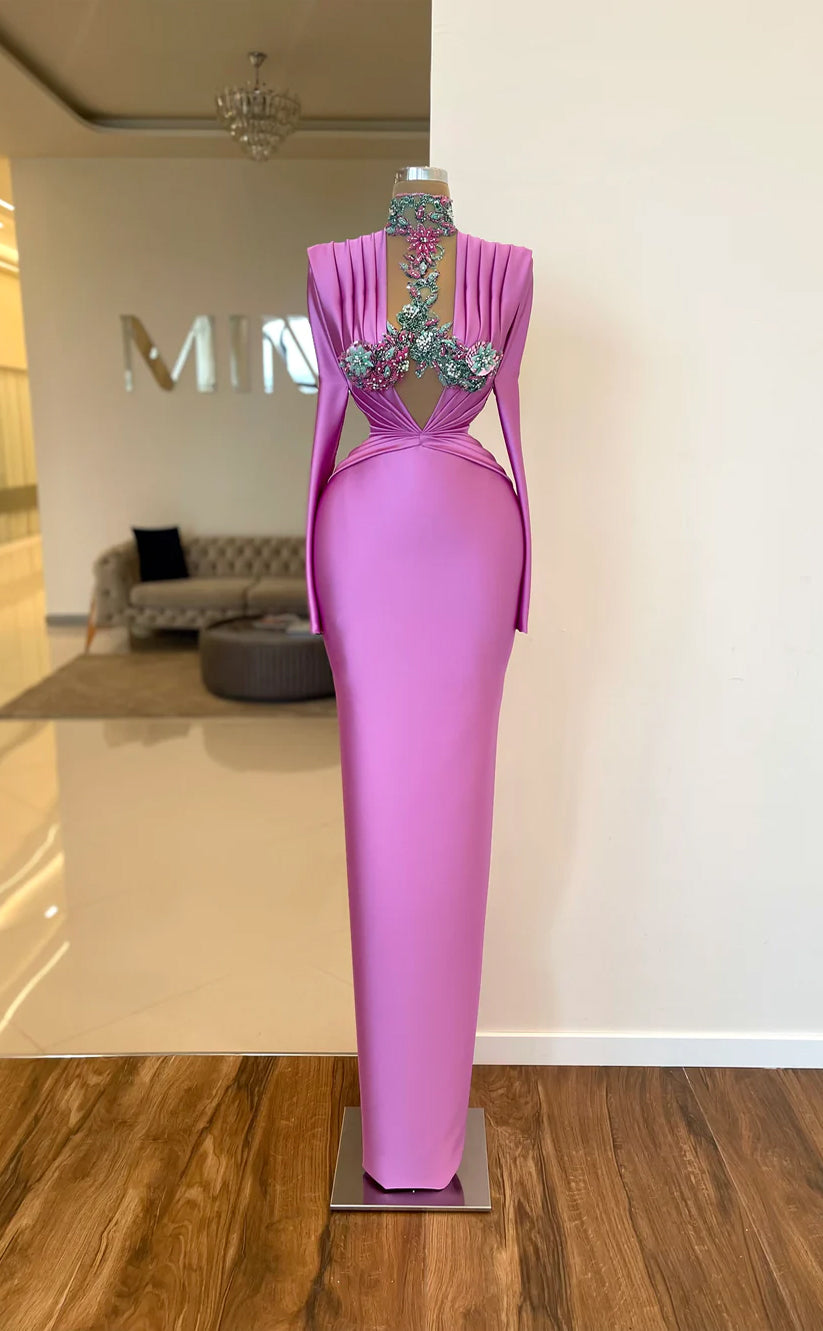 RP645-Elegant Mermaid V-Neck Beads Appliqued Ruched Long Sleeves Floor Length Prom Evening Dresses Formal Party Gowns