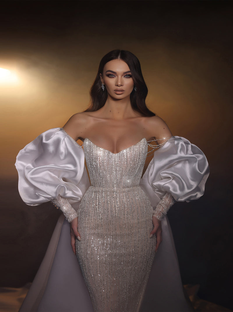 Luxurious & Sparkling Mermaid Wedding Dresses Sweetheart Sequins Beads Tulle Sweep Train Bridal Gowns With Detachable Puffy Sleeves