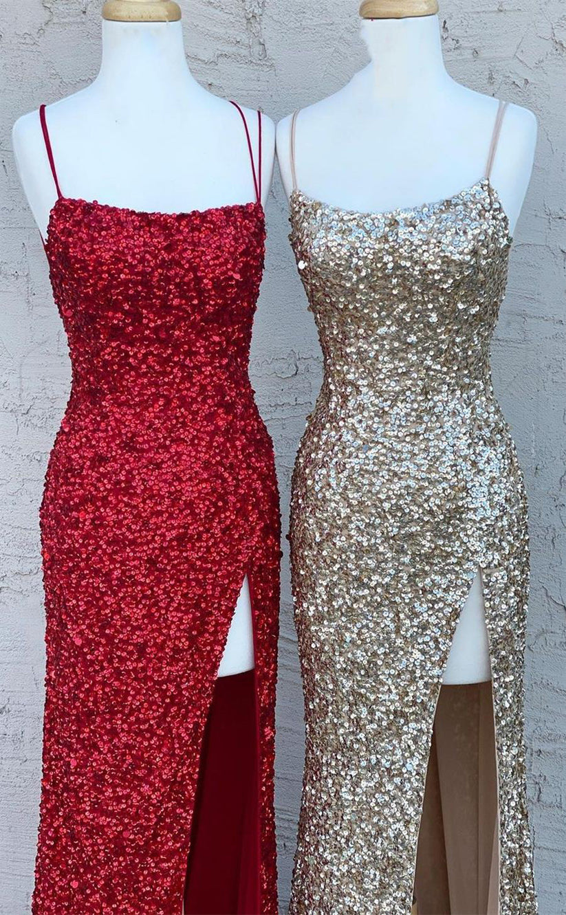 RP053-Sparkling Mermaid Spaghetti Backless Side Split Long Sequins Formal Occasions Prom Evening Dresses Party Gowns