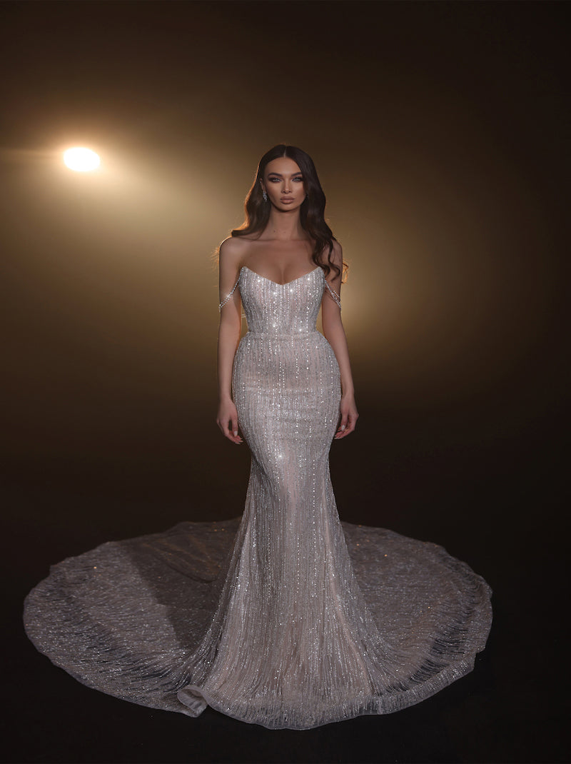 Luxurious & Sparkling Mermaid Wedding Dresses Sweetheart Sequins Beads Tulle Sweep Train Bridal Gowns With Detachable Puffy Sleeves