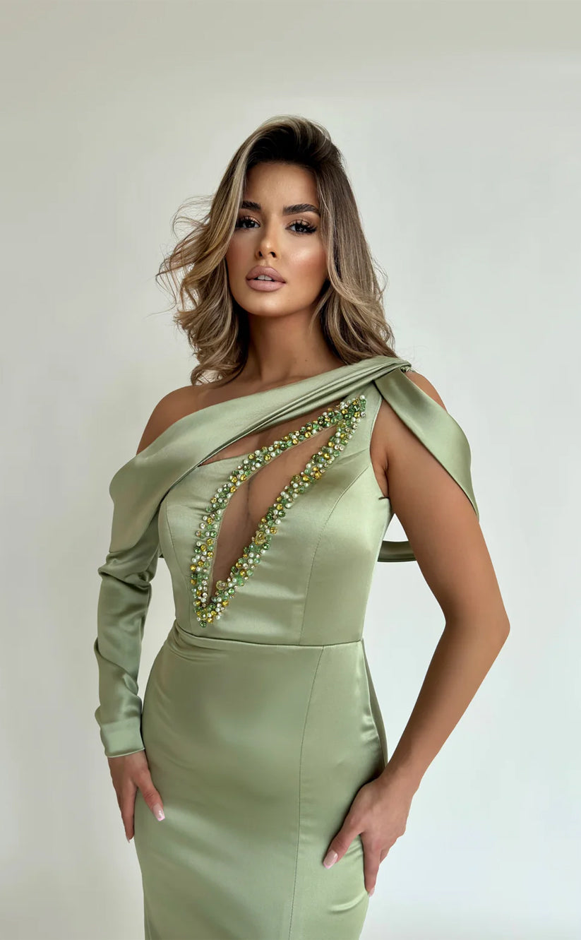 RP654-Eleagnt Mint Mermaid One Shoulder Beads One Long Sleeve Floor Length Prom Evening Dresses Formal Party Gowns With Slit
