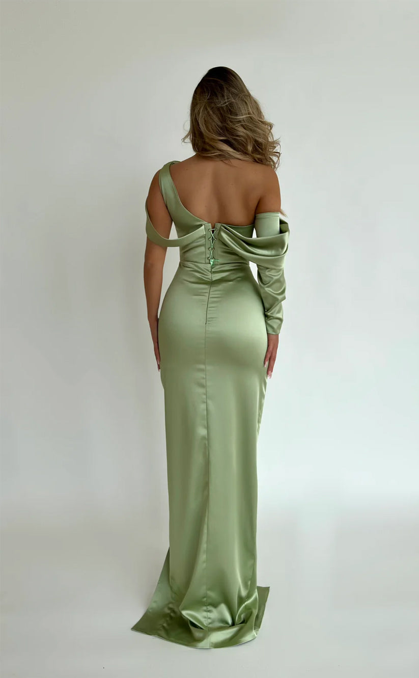 RP654-Eleagnt Mint Mermaid One Shoulder Beads One Long Sleeve Floor Length Prom Evening Dresses Formal Party Gowns With Slit