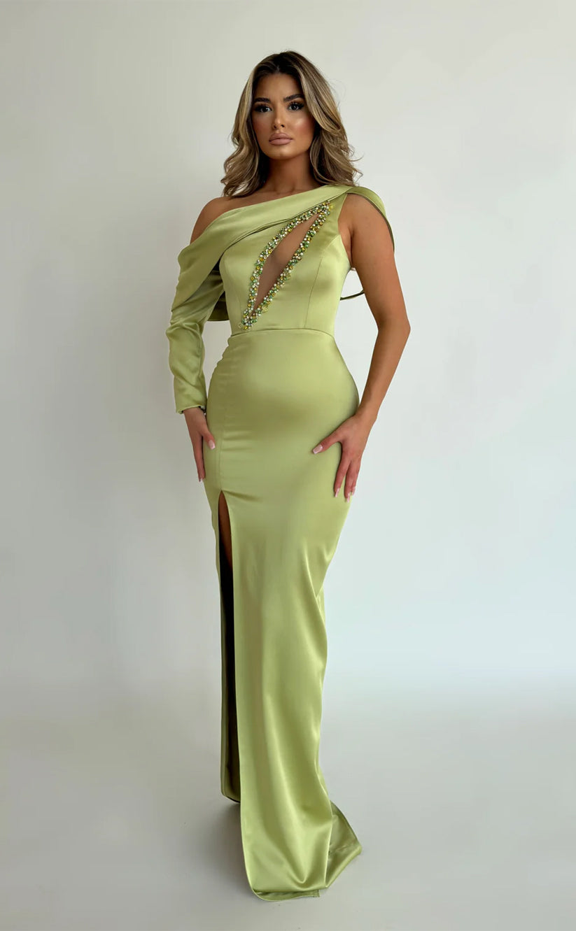 RP654-Eleagnt Mint Mermaid One Shoulder Beads One Long Sleeve Floor Length Prom Evening Dresses Formal Party Gowns With Slit