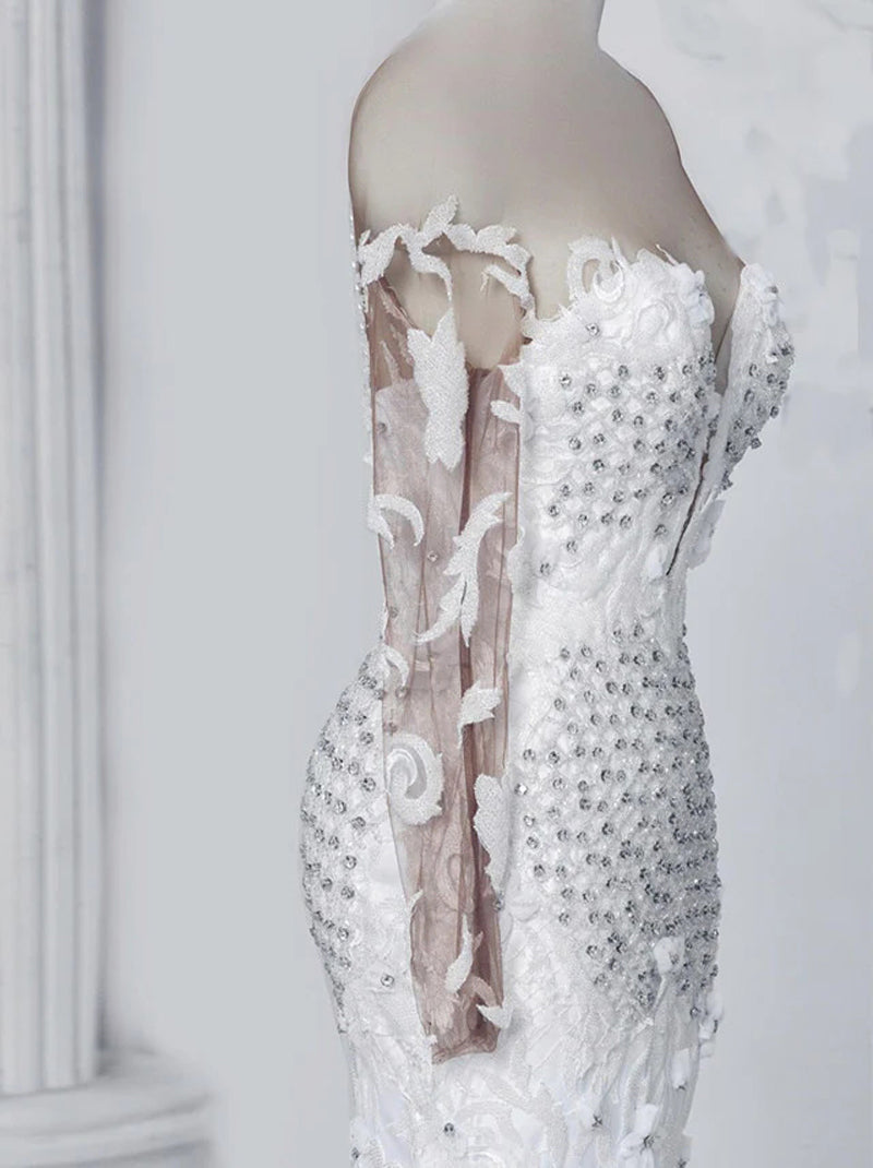 Sexy Mermaid Wedding Dresses Sweetheart Beads Appliqued Long Sleeves Lace Up Sweep Train Tulle Bridal Gowns Custom Made
