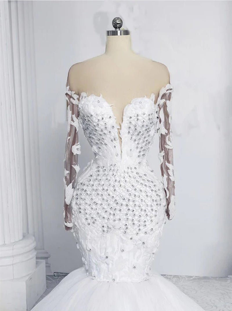 Sexy Mermaid Wedding Dresses Sweetheart Beads Appliqued Long Sleeves Lace Up Sweep Train Tulle Bridal Gowns Custom Made