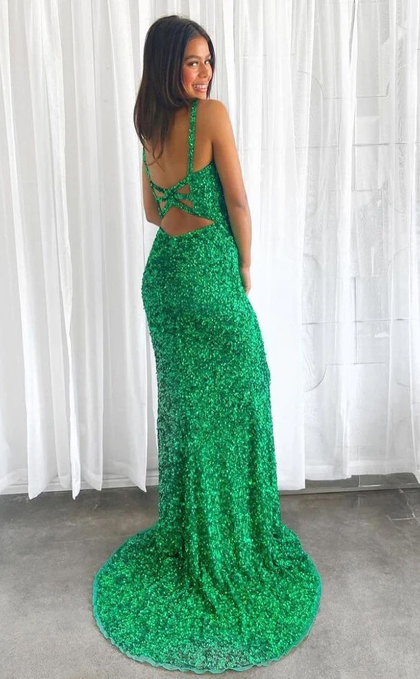 RP137-Sparkling Mermaid V-Neck Sequins Sleeveless Sequins Long Prom Evening Formal Party Gowns With Slit