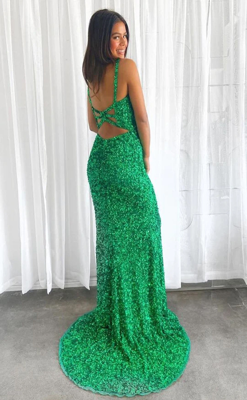 RP056-Chanrming Sexy Mermaid V-Neck Sleeveless Side Split Sequins Long Prom Evening Dresses Formal Occasions Party Gowns