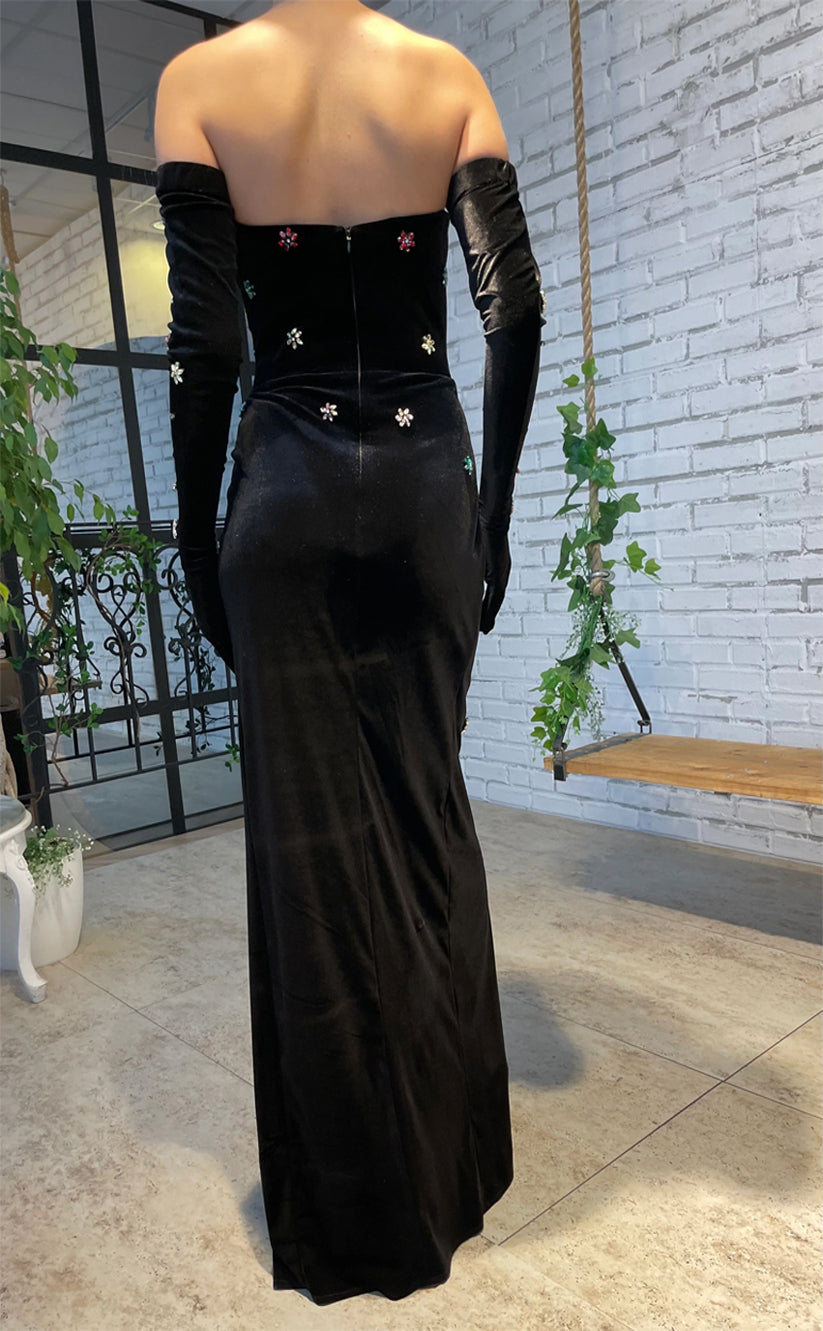 RP183-Black Trumpet Sweetheart Long Sleeves Beads Long Prom Evening Dresses Formal Party Gowns With Slit