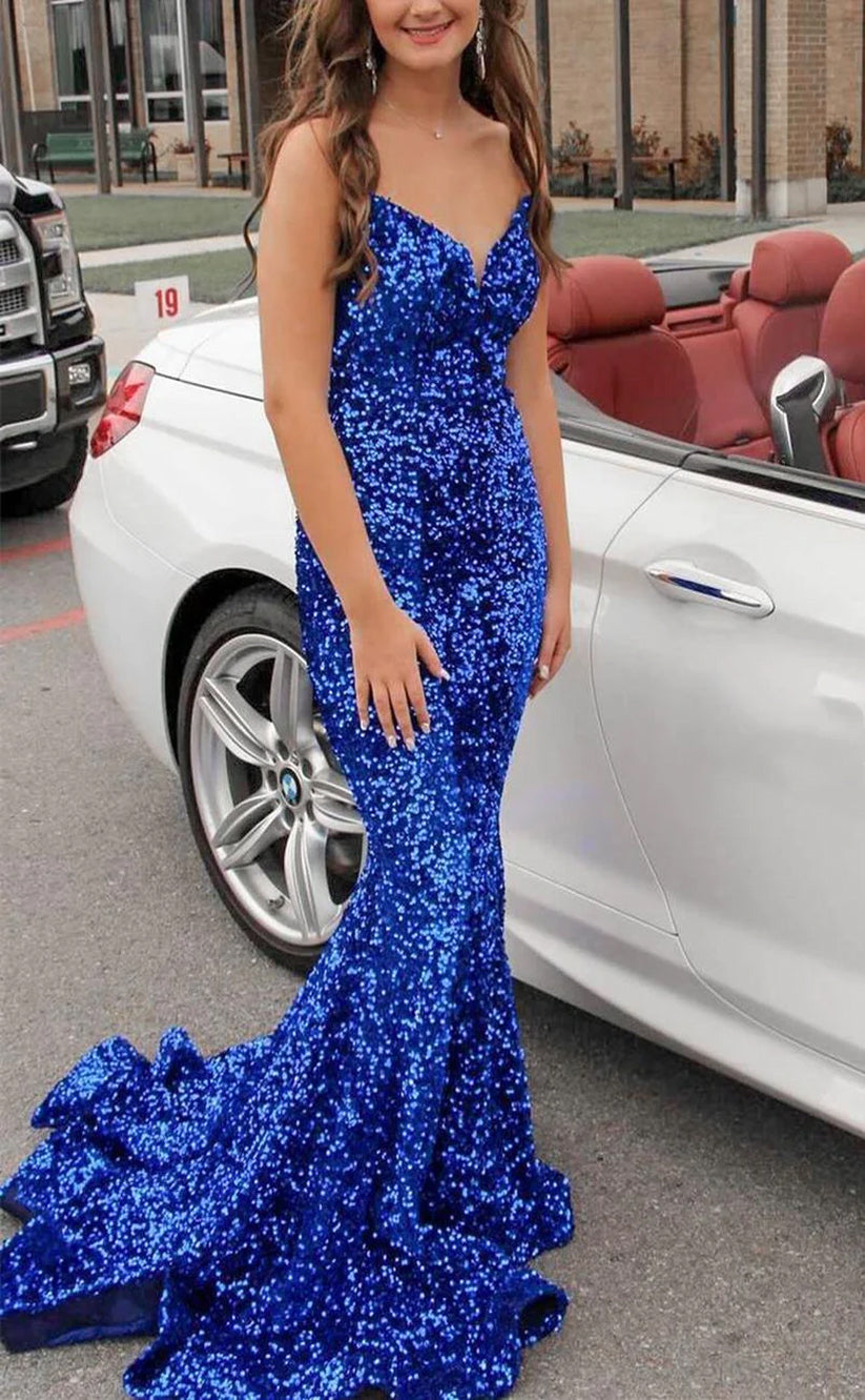RP139-Sparkling Mermaid Sweetheart Sequins Sleeveless Long Prom Evening Formal Party Gowns With Slit