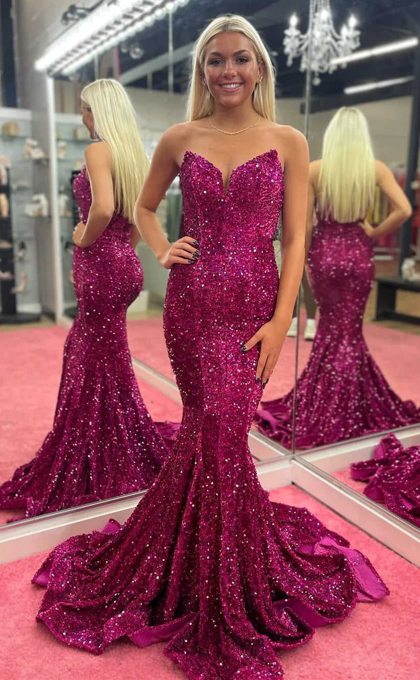 RP139-Sparkling Mermaid Sweetheart Sequins Sleeveless Long Prom Evening Formal Party Gowns With Slit