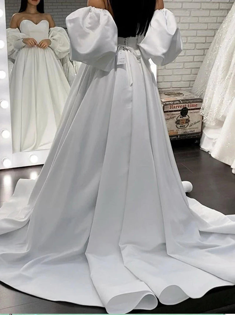 Elegant Ball Gown Wedding Dresses Sweetheart Pleated Detachable Puffy Sleeves Lace Up Sweep Train Satin Bridal Gowns Custom Made