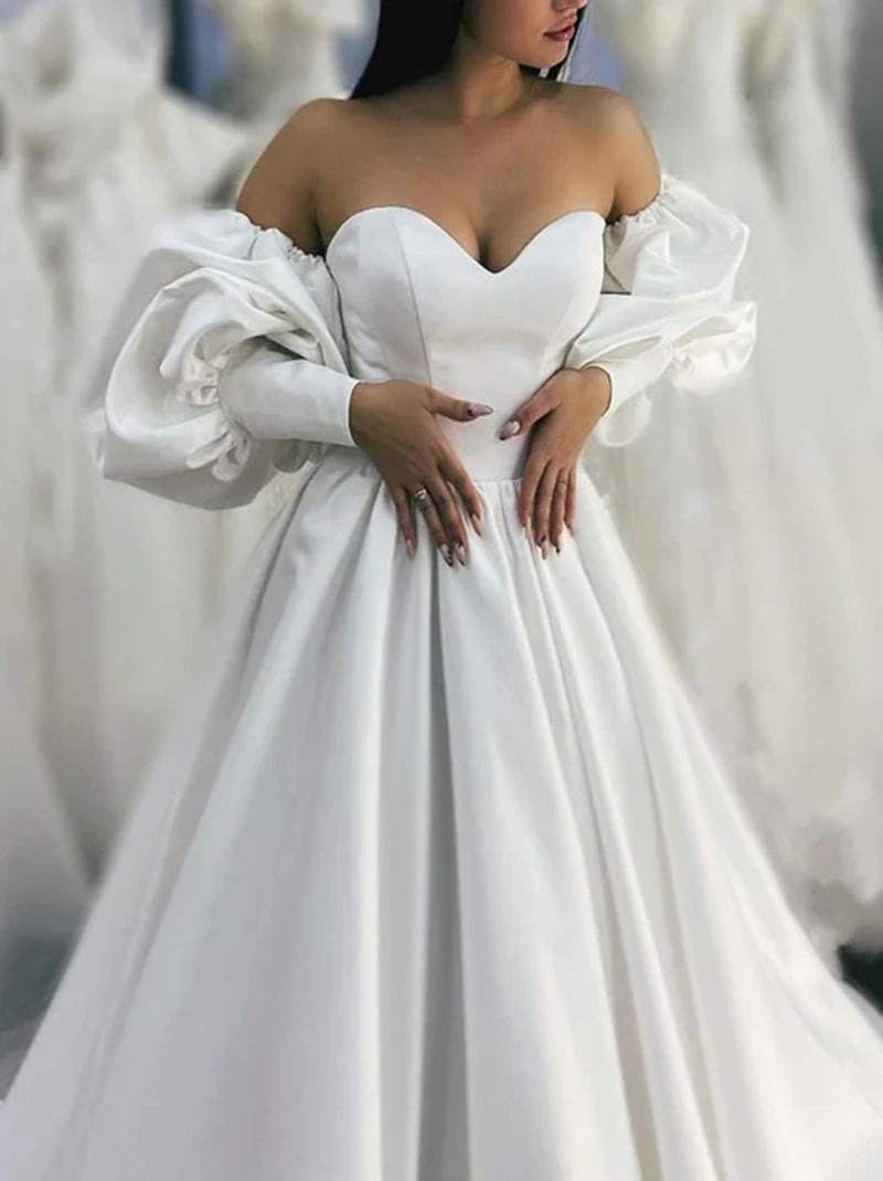 Elegant Ball Gown Wedding Dresses Sweetheart Pleated Detachable Puffy Sleeves Lace Up Sweep Train Satin Bridal Gowns Custom Made