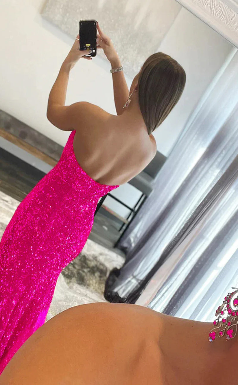 RP141-Hot Pink Mermaid Strapless Sequins Sleeveless Long Prom Evening Dress Formal Party Gowns With Slit