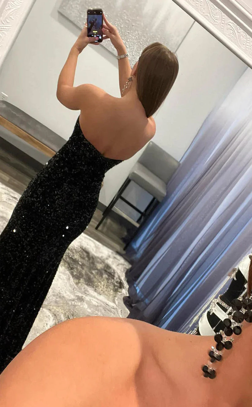 RP141-Hot Pink Mermaid Strapless Sequins Sleeveless Long Prom Evening Dress Formal Party Gowns With Slit