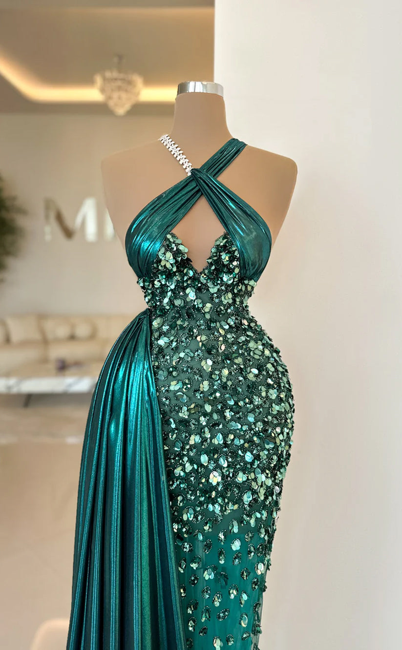 RP667-Sparkling Green Mermaid Halter Crystals Sequins Sleeveless Long Prom Evening Dresses Formal Party Gowns