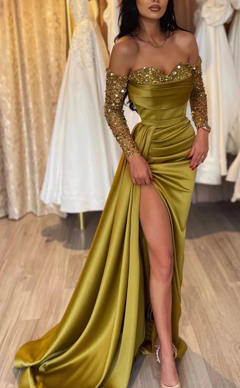 RP005-Charming Mermaid Beadings Side Slit Off The Shoulder Long Sleeve Train Satin Evening Dress Formal Prom Dresses Party Gowns