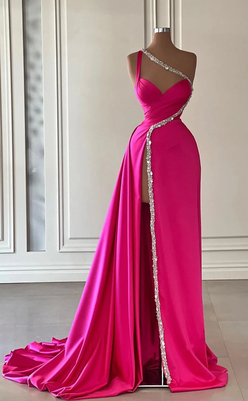 RP381-Gorgeous Hot Pink Mermaid One Shoulder Beads Sequins Long Prom Evening Dresses Formal Party Gowns With Slit