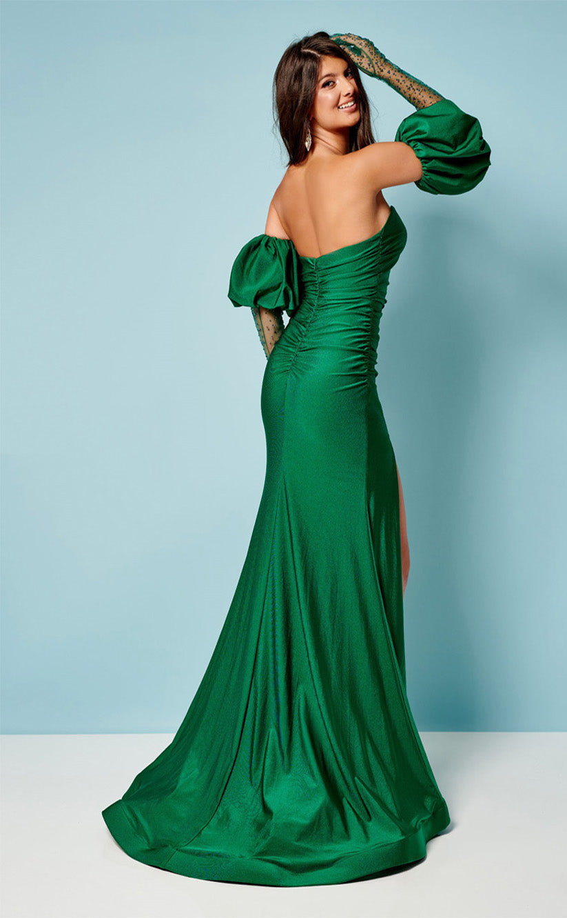 RP062-Sexy Mermaid Sweetheart Pleated Side Slit Zipper Detachable Long Sleeves Floor Length Satin Prom Dresses Party Gowns For Women