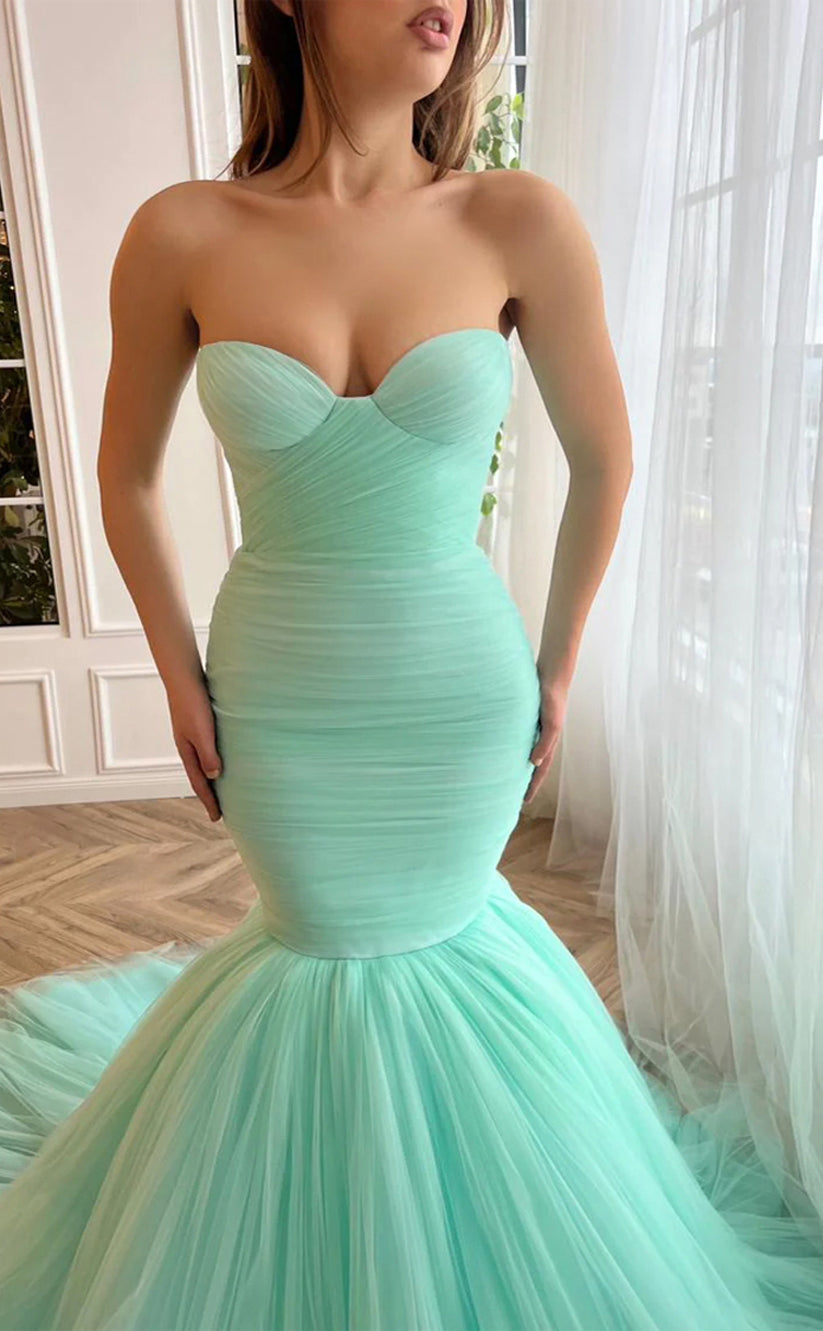 RP179-Mint Mermaid Sweetheart Sleeveless Pleated Long Prom Evening Dresses Formal Party Gowns