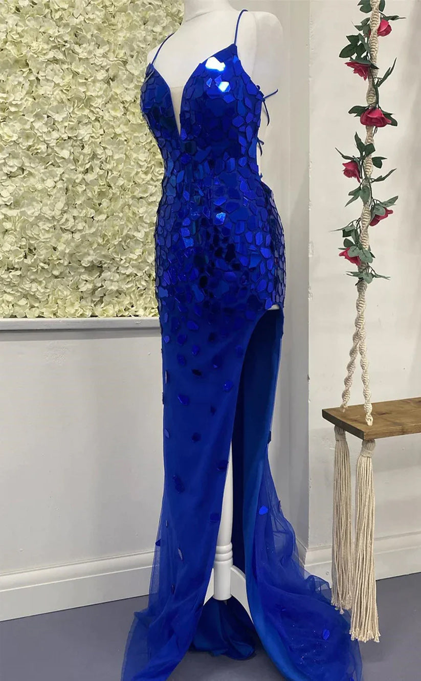 RP041-Red Royal Blue Mermaid Spaghetti Cut Glass Mirror V-Neck Lace-Up Long Formal Prom Evening Dress Party Gowns With Slit