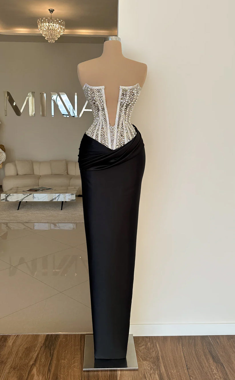 RP683-Eleagnt Black Mermaid V-Neck Beads Ruched Sleeveless Floor Length Prom Evening Dresses Formal Party Gowns