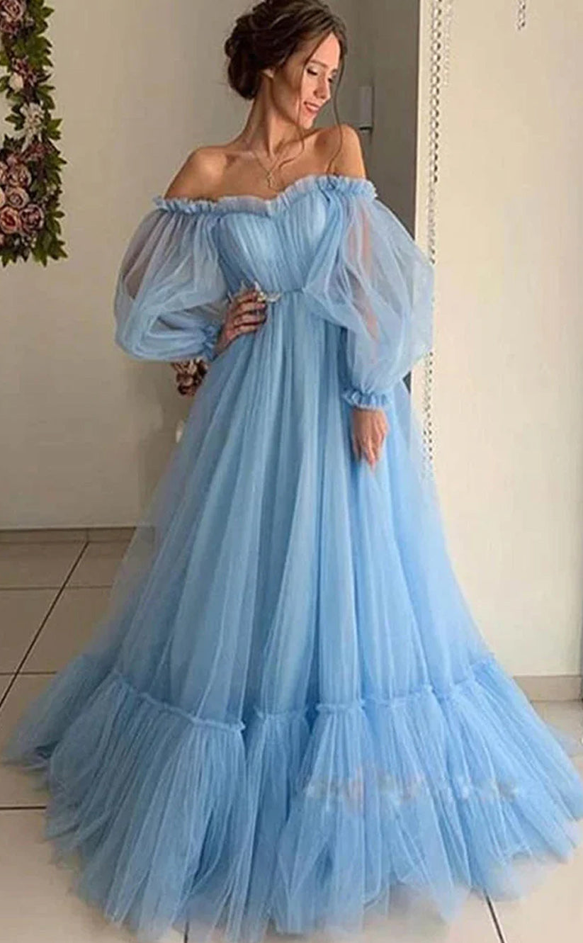 RP048-Sky Blue A-Line Off the Shoulder Puffy Long Sleeves Pleated Appliques Lace up Tulle Long Formal Prom Evening Party Gowns
